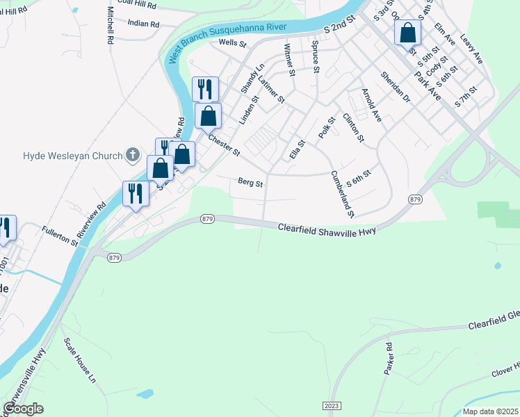 map of restaurants, bars, coffee shops, grocery stores, and more near 523 Spruce Street in Clearfield