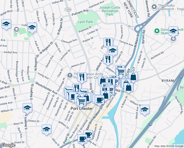 map of restaurants, bars, coffee shops, grocery stores, and more near 304 Willett Avenue in Port Chester
