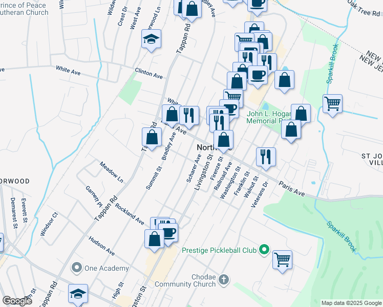 map of restaurants, bars, coffee shops, grocery stores, and more near 196 School Street in Northvale