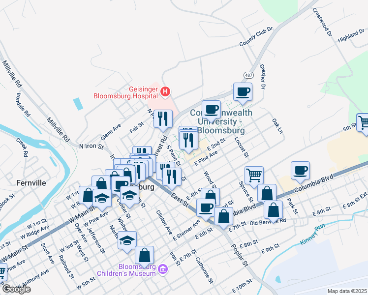 map of restaurants, bars, coffee shops, grocery stores, and more near 422-450 Lightstreet Rd in Bloomsburg