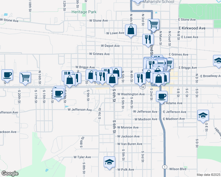 map of restaurants, bars, coffee shops, grocery stores, and more near 603 West Burlington Avenue in Fairfield