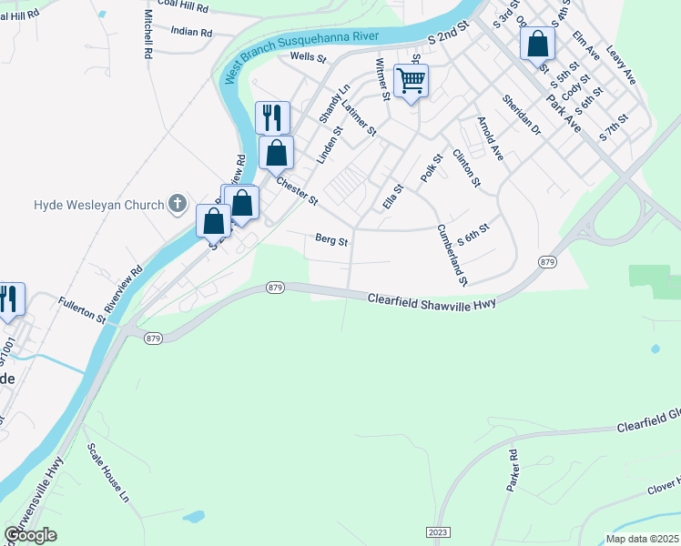 map of restaurants, bars, coffee shops, grocery stores, and more near 523 Spruce Street in Clearfield
