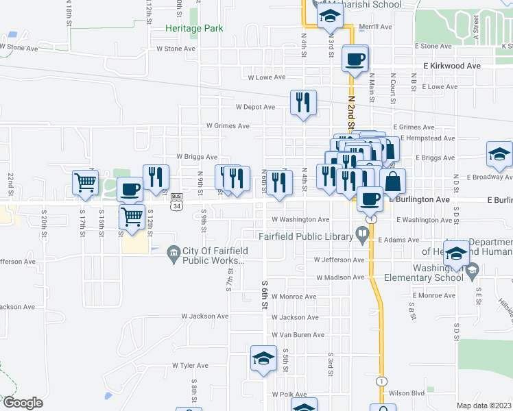 map of restaurants, bars, coffee shops, grocery stores, and more near 603 West Burlington Avenue in Fairfield