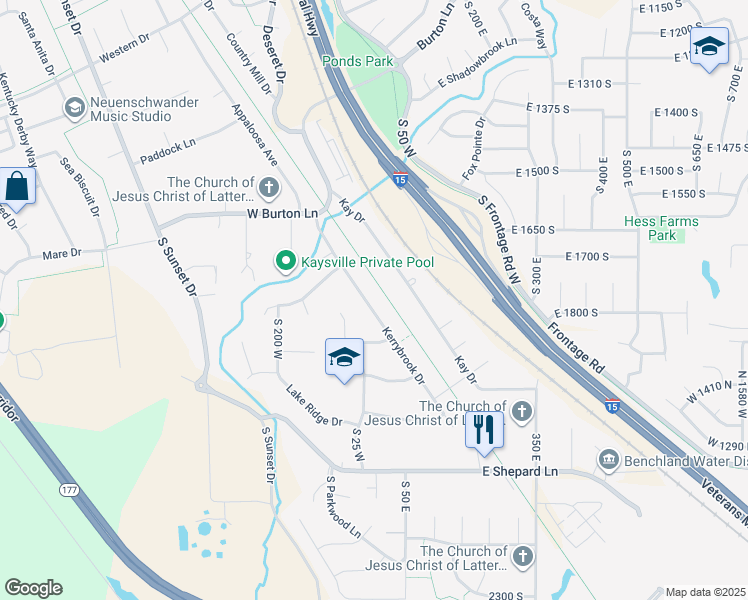 map of restaurants, bars, coffee shops, grocery stores, and more near 1737 South Kerrybrook Drive in Kaysville