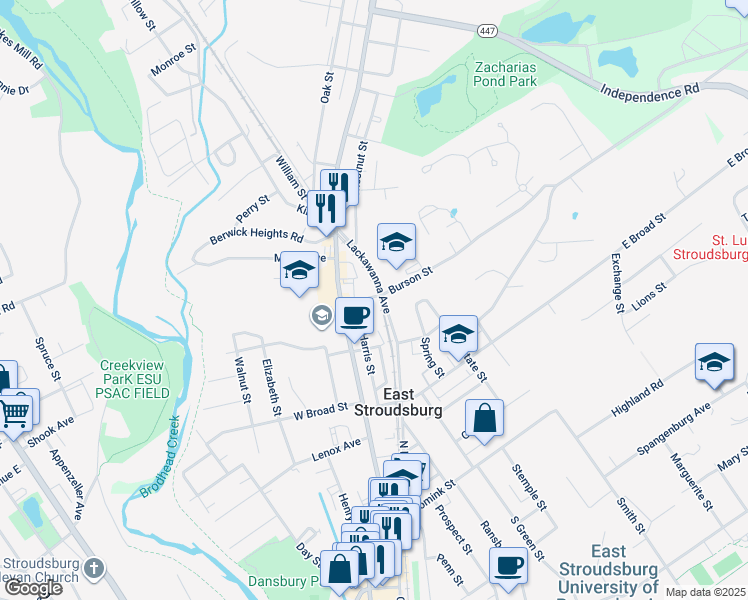 map of restaurants, bars, coffee shops, grocery stores, and more near in Stroudsburg
