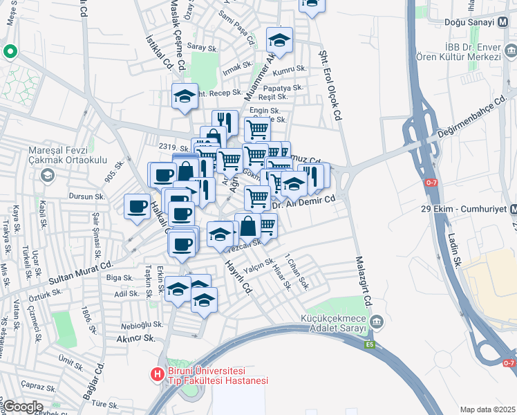 map of restaurants, bars, coffee shops, grocery stores, and more near Güneşli Sokak in Küçükçekmece