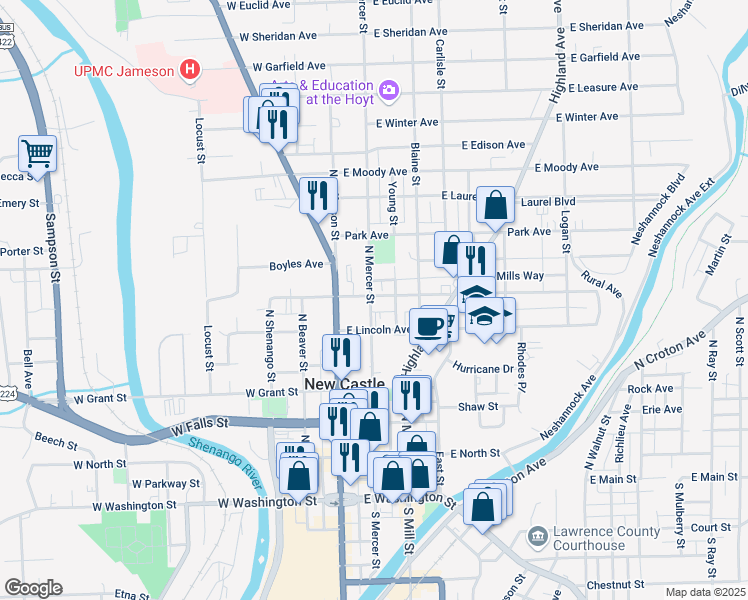 map of restaurants, bars, coffee shops, grocery stores, and more near 102 East Wallace Avenue in New Castle