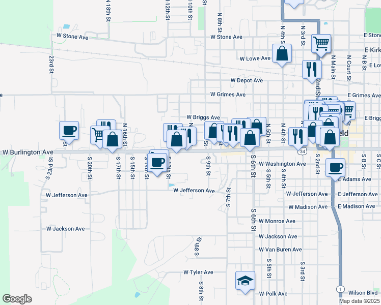 map of restaurants, bars, coffee shops, grocery stores, and more near 47 N 10th St in Fairfield