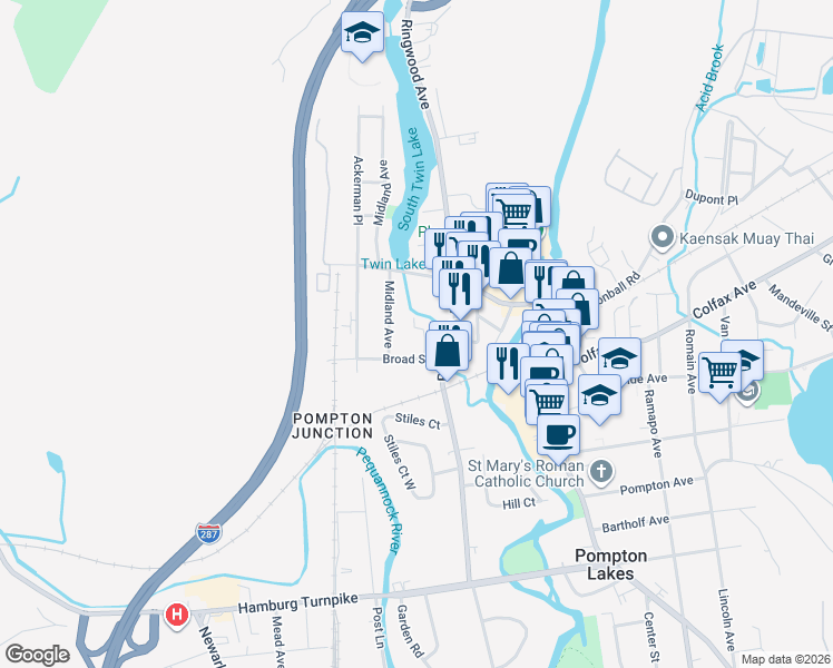 map of restaurants, bars, coffee shops, grocery stores, and more near 15 Broad Street in Pompton Lakes