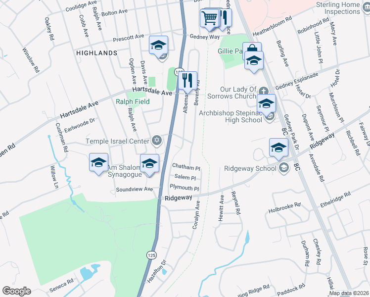 map of restaurants, bars, coffee shops, grocery stores, and more near 19 Miles Avenue in White Plains