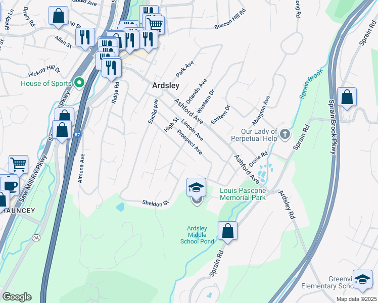 map of restaurants, bars, coffee shops, grocery stores, and more near 17 Larchmont Street in Ardsley