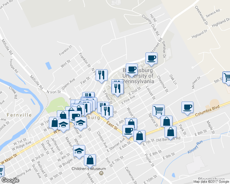 map of restaurants, bars, coffee shops, grocery stores, and more near 450 Lightstreet Rd in Bloomsburg