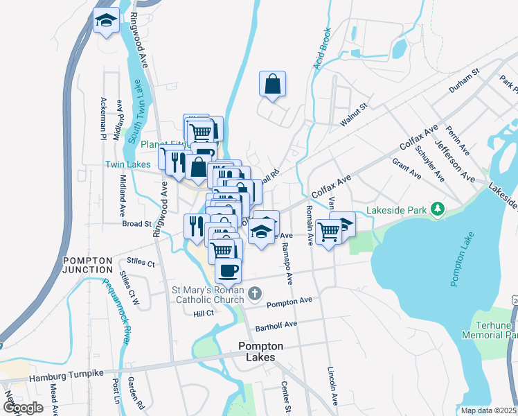 map of restaurants, bars, coffee shops, grocery stores, and more near 130 Adrian Street in Pompton Lakes