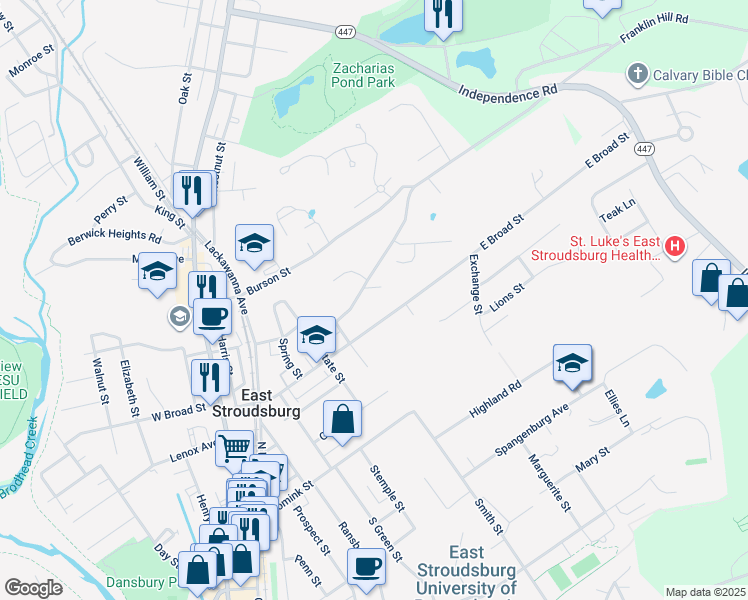 map of restaurants, bars, coffee shops, grocery stores, and more near Ruth Street in East Stroudsburg