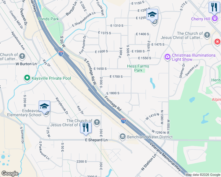 map of restaurants, bars, coffee shops, grocery stores, and more near 1775 South 350 East in Kaysville