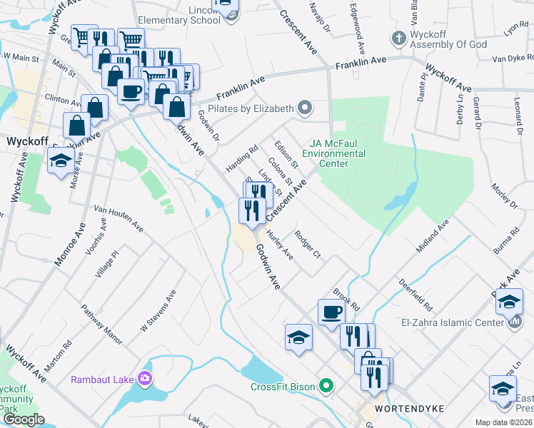 map of restaurants, bars, coffee shops, grocery stores, and more near 96 Sheldon Street in Wyckoff