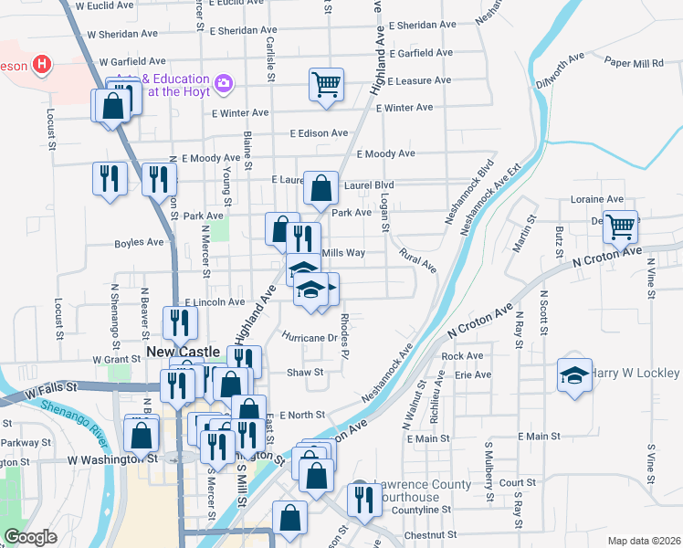 map of restaurants, bars, coffee shops, grocery stores, and more near 508 Centennial Street in New Castle