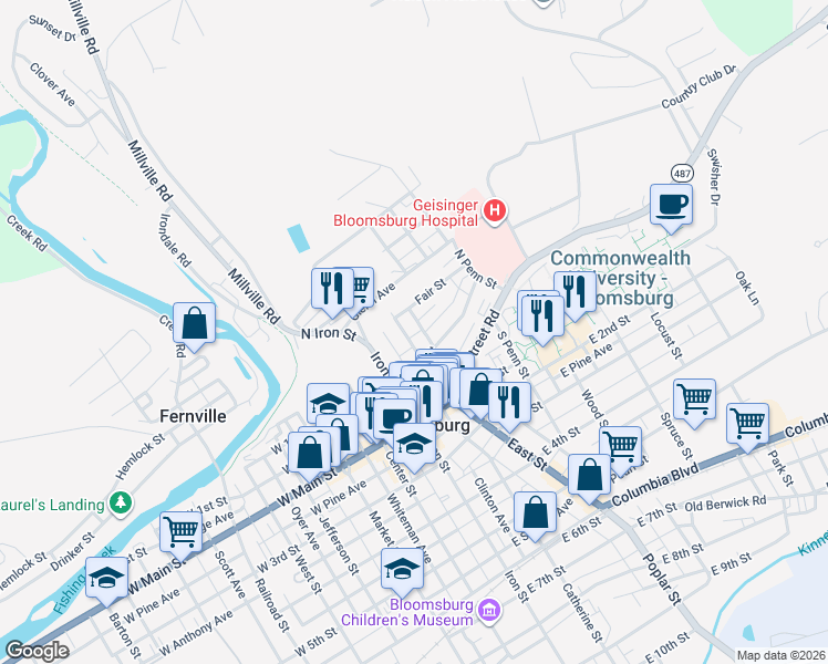 map of restaurants, bars, coffee shops, grocery stores, and more near 61 Pine Street in Bloomsburg