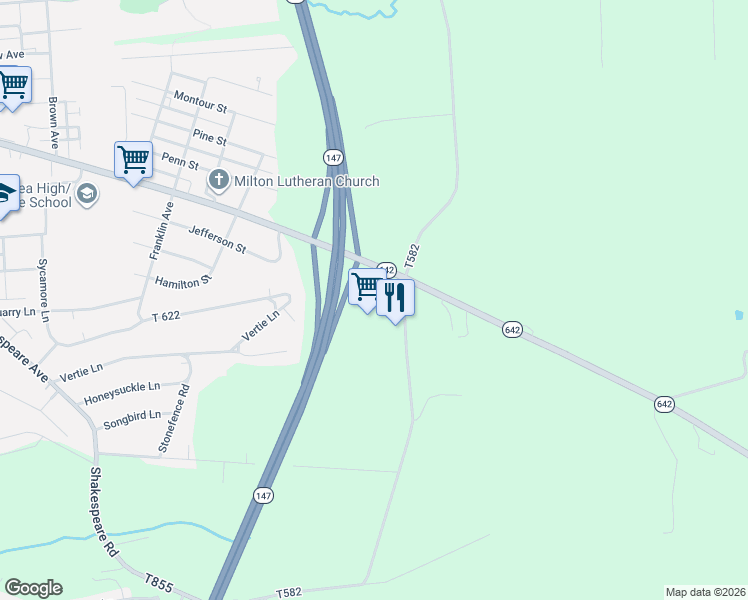 map of restaurants, bars, coffee shops, grocery stores, and more near Highway 642 in Milton
