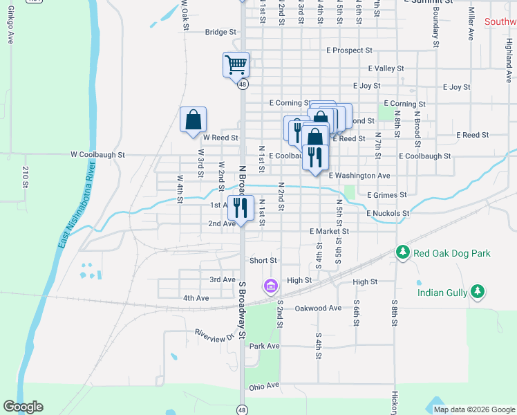 map of restaurants, bars, coffee shops, grocery stores, and more near 102 West Grimes Street in Red Oak
