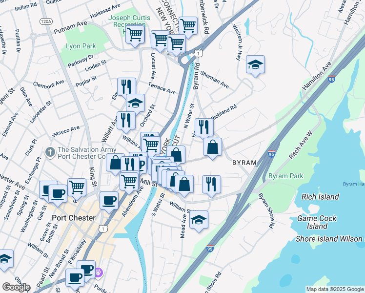 map of restaurants, bars, coffee shops, grocery stores, and more near 105 North Water Street in Greenwich