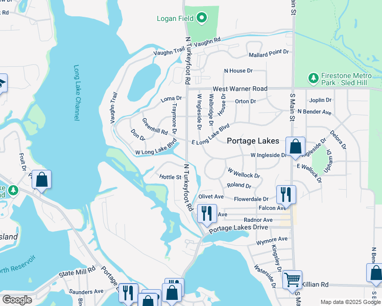 map of restaurants, bars, coffee shops, grocery stores, and more near 274 East Long Lake Boulevard in Akron