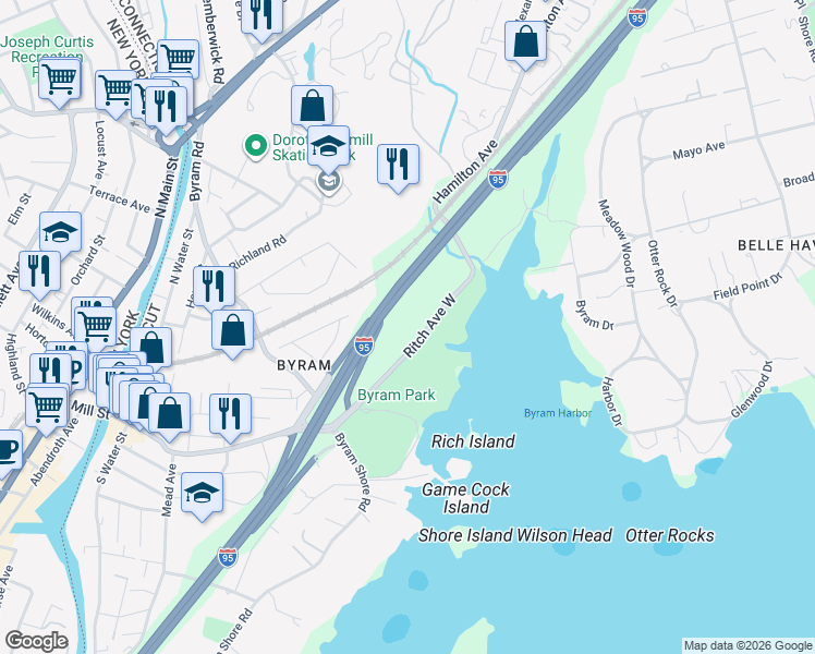 map of restaurants, bars, coffee shops, grocery stores, and more near 104 Ritch Avenue West in Greenwich