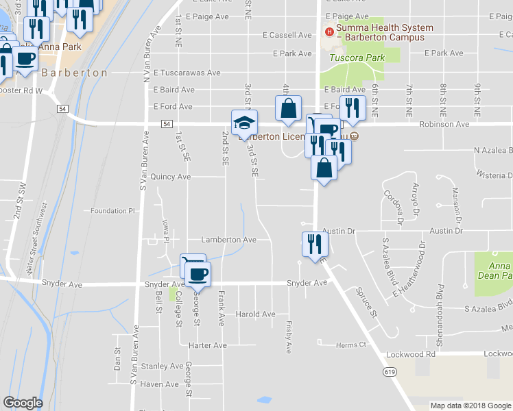 map of restaurants, bars, coffee shops, grocery stores, and more near 147 3rd Street Southeast in Barberton