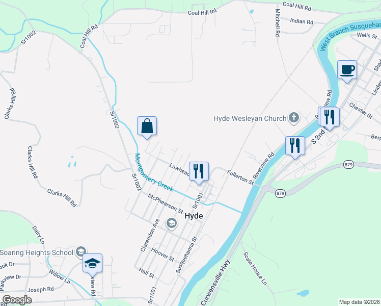 map of restaurants, bars, coffee shops, grocery stores, and more near 1300 Clarendon Street in Clearfield
