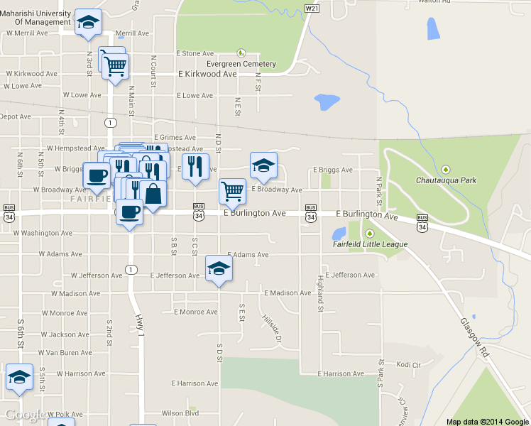 map of restaurants, bars, coffee shops, grocery stores, and more near 731 East Burlington Avenue in Fairfield