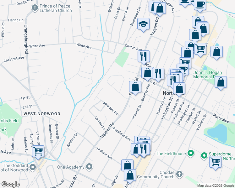 map of restaurants, bars, coffee shops, grocery stores, and more near 121 Chaffee Circle in Norwood