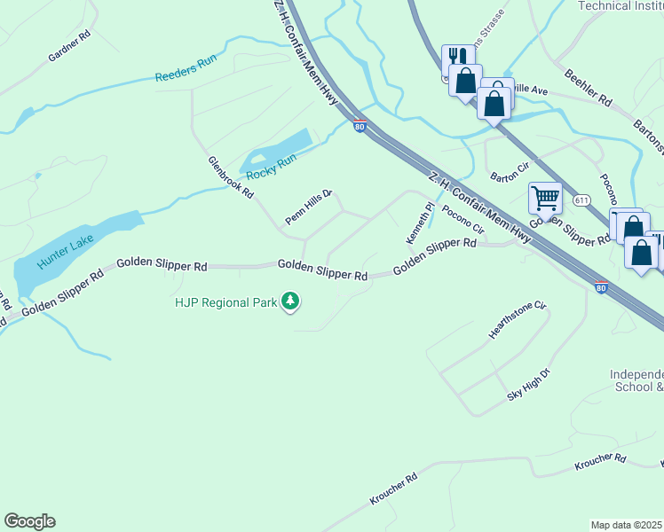 map of restaurants, bars, coffee shops, grocery stores, and more near 2704 Pocono Circle in Monroe County