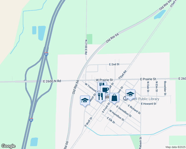 map of restaurants, bars, coffee shops, grocery stores, and more near 300 West 2nd Street in Odell