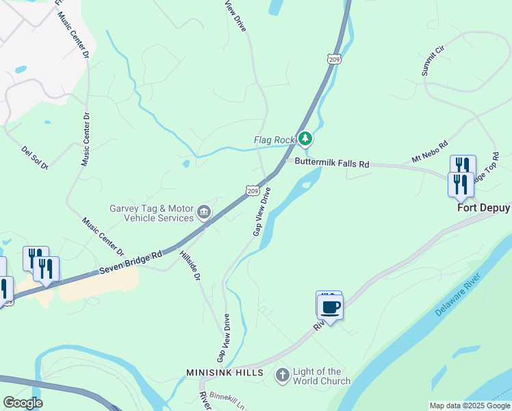 map of restaurants, bars, coffee shops, grocery stores, and more near 2223 Gap View Drive in East Stroudsburg