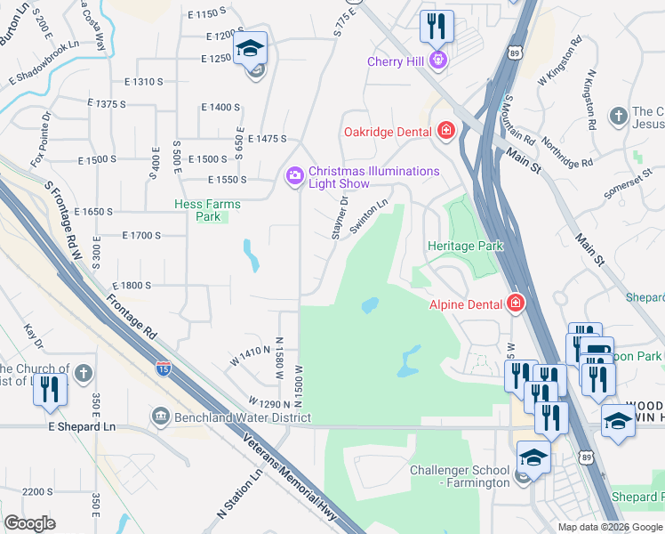 map of restaurants, bars, coffee shops, grocery stores, and more near 1572 Stayner Drive in Farmington