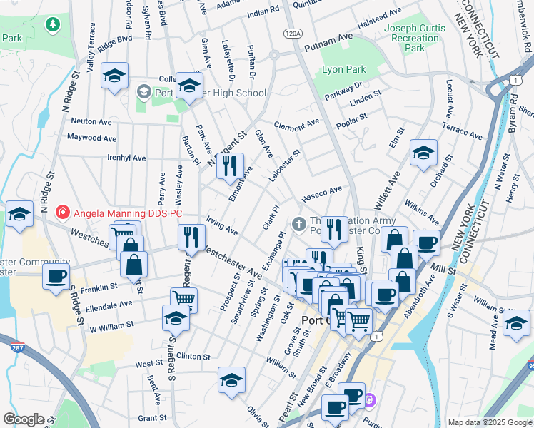 map of restaurants, bars, coffee shops, grocery stores, and more near 54 Clark Place in Port Chester