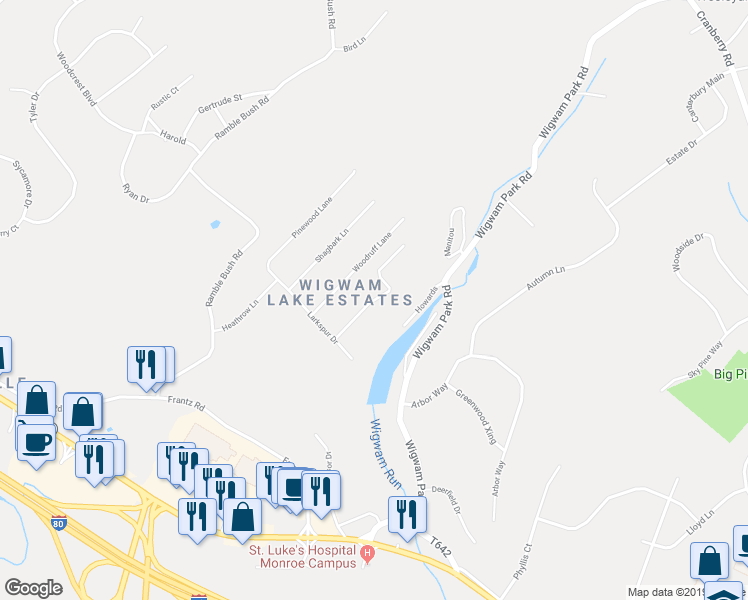 map of restaurants, bars, coffee shops, grocery stores, and more near 2700 Hedgerow Lane in Stroudsburg