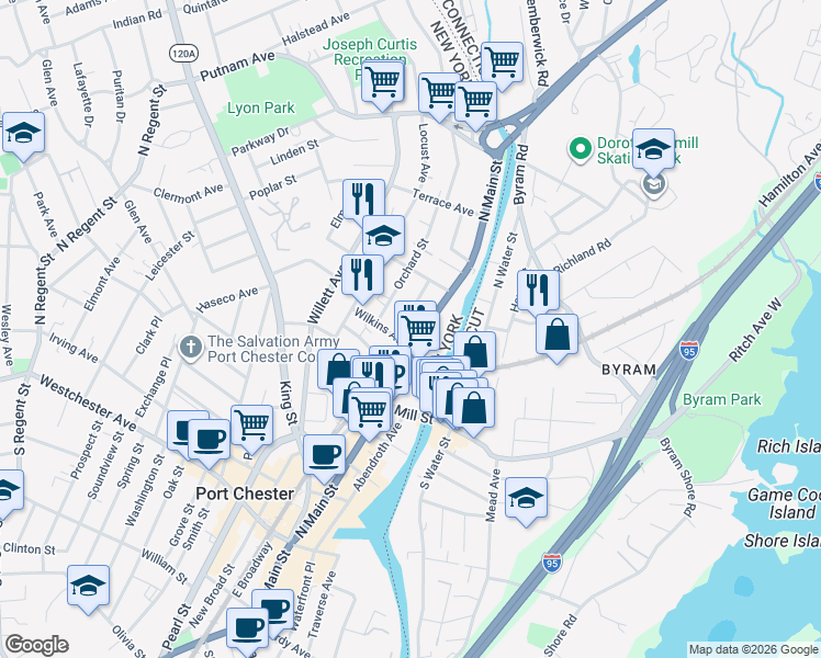 map of restaurants, bars, coffee shops, grocery stores, and more near 350 North Main Street in Port Chester