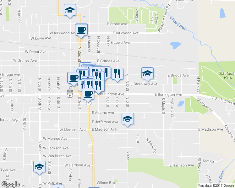 map of restaurants, bars, coffee shops, grocery stores, and more near 300 East Burlington Avenue in Fairfield