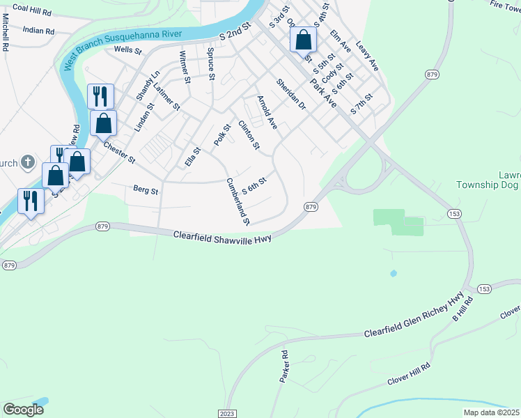 map of restaurants, bars, coffee shops, grocery stores, and more near 907 Richard Street in Clearfield