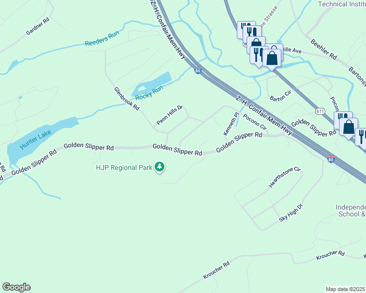 map of restaurants, bars, coffee shops, grocery stores, and more near 2704 Pocono Circle in Monroe County