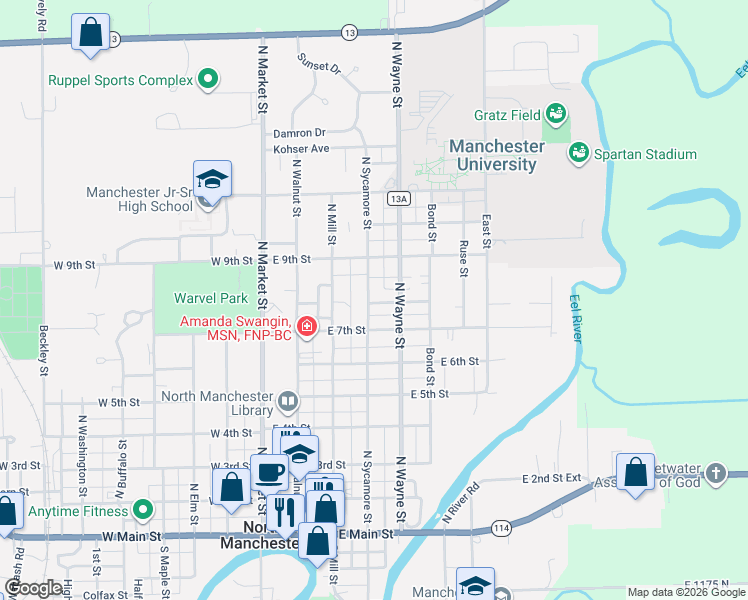 map of restaurants, bars, coffee shops, grocery stores, and more near 715 North Sycamore Street in North Manchester
