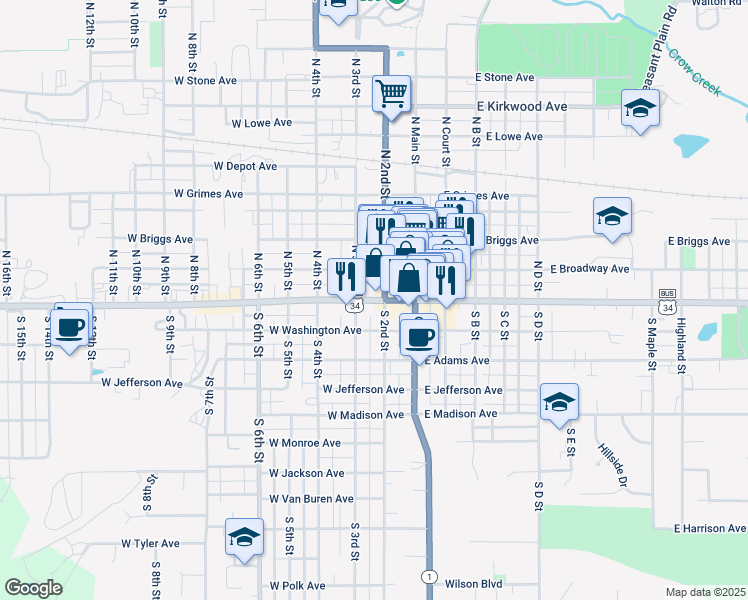 map of restaurants, bars, coffee shops, grocery stores, and more near U.S. 34 Business in Fairfield