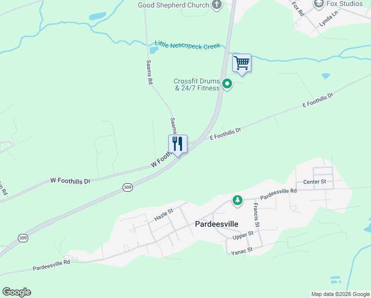 map of restaurants, bars, coffee shops, grocery stores, and more near 12 West Foothills Road in Drums