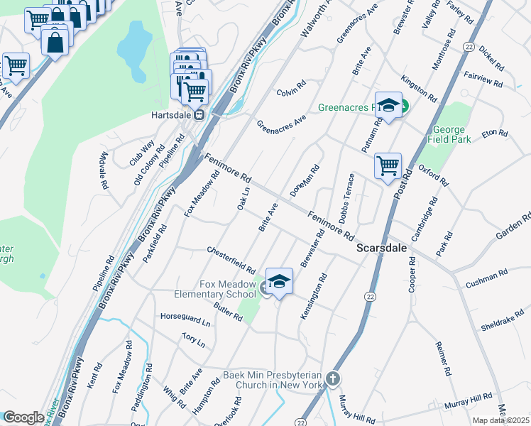 map of restaurants, bars, coffee shops, grocery stores, and more near 95 Brite Avenue in Scarsdale