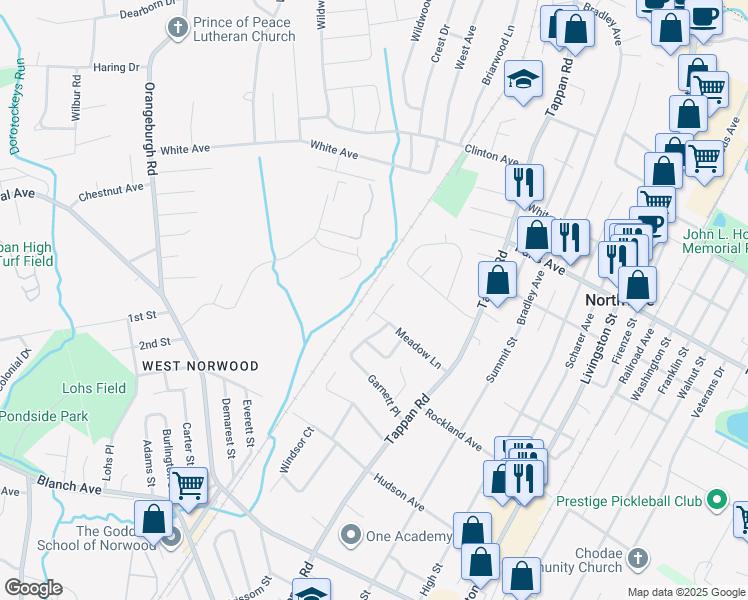 map of restaurants, bars, coffee shops, grocery stores, and more near 45 Anne Ct in Norwood