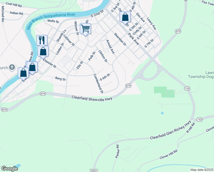 map of restaurants, bars, coffee shops, grocery stores, and more near 907 Richard Street in Clearfield