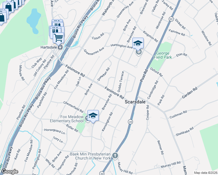 map of restaurants, bars, coffee shops, grocery stores, and more near 105 Brewster Road in Scarsdale