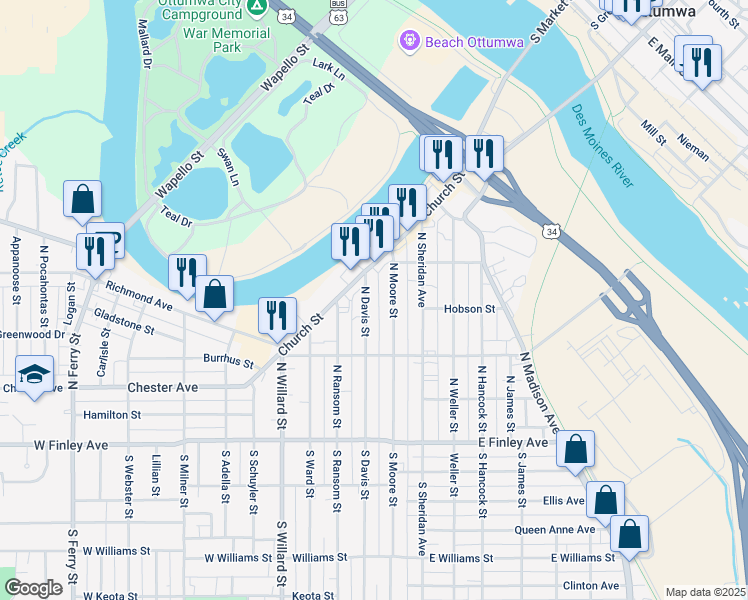 map of restaurants, bars, coffee shops, grocery stores, and more near 250-284 North Davis Street in Ottumwa