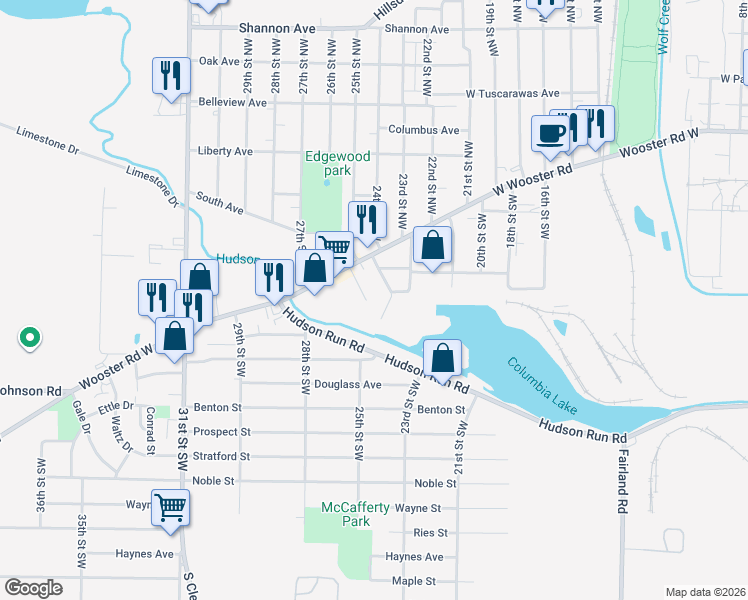 map of restaurants, bars, coffee shops, grocery stores, and more near 39 25th Street Southwest in Barberton